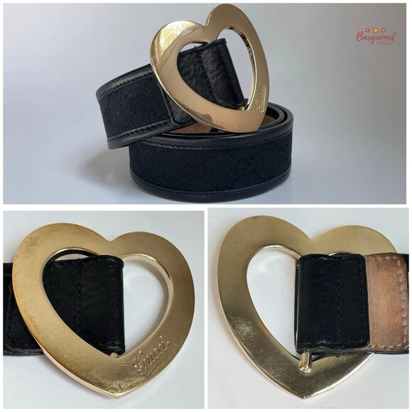 Authentic Gucci Black Monogram Canvas Leather Gold Heart Buckle Belt Size 75/30 - Picture 2 of 13
